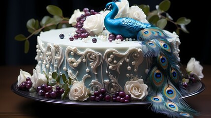 An elegant peacock-inspired cake with layers resembling peacock feathers and decorated with edible sugar peacock feathers and pearls