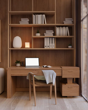 A modern, luxury private office or home office with a laptop computer mockup on a wooden desk