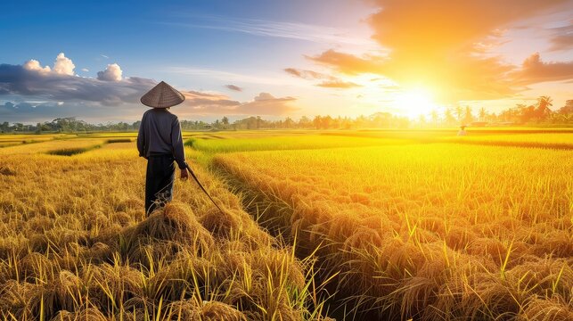 Amidst ripened rice stalks, an Asian woman radiates grace as she surveys the bountiful harvest, embodying the spirit of hard work and connection to the land
