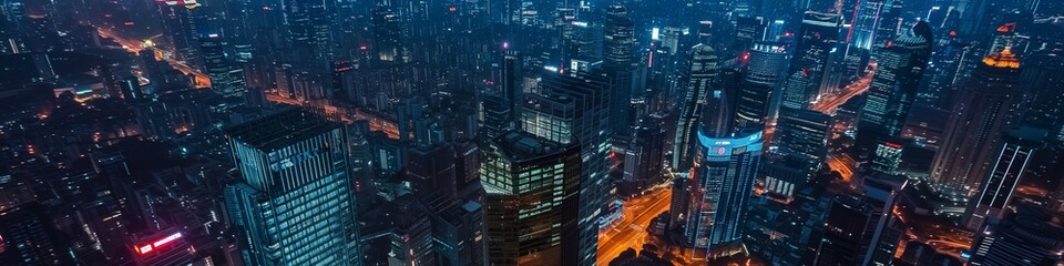 Aerial panoramic view photo shot wide angle from a helicopter view of a modern city CBD with office skyscraper buildings. Generative AI