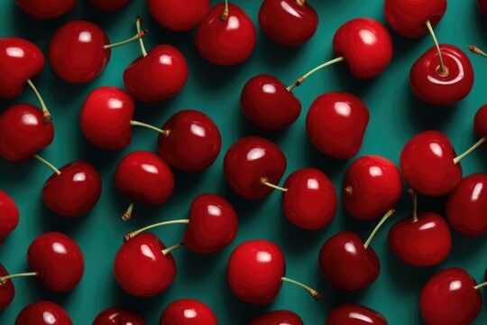 Cherris pattern on coloured background. Overhead view.