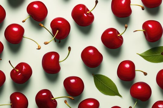 Cherris pattern on coloured background. Overhead view.