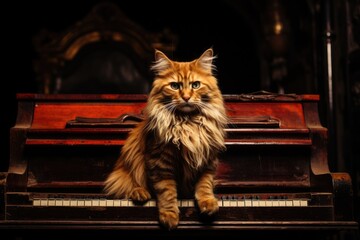 Portrait of one cat sitting near to an old piano. Looking at camera.