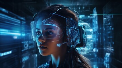 Concept of future technology or entertainment system, virtual reality. Female portrait lit by HUD interface. technology concept.