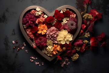 Heart-shaped box with colorful flowers on dark background, top view