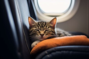 Happy cat traveling in a bag on an airplane. Generative AI
