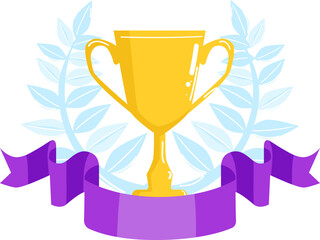 Golden trophy cup with laurel wreath and purple ribbon. Award for victory and success concept vector illustration.