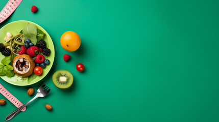 Discover the Essence of Wellness: Top View of a Balanced Diet with Fresh Fruits, Vegetables, and Fitness Gear on an Isolated Green Background - Nutritious Living at Its Best!