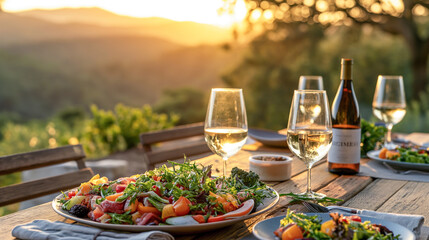 Fresh vegetable salad in a plate with dipping sauces, fresh vegetables, tomatoes, broccoli, fruits and wine bottle on wooden desk outdoor garden, Conceptual of family healthy, generative, AI - Powered by Adobe