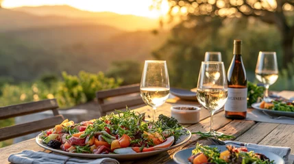 Fotobehang Fresh vegetable salad in a plate with dipping sauces, fresh vegetables, tomatoes, broccoli, fruits and wine bottle on wooden desk outdoor garden, Conceptual of family healthy, generative, AI © DN6