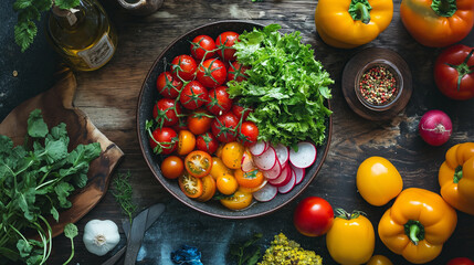 Fresh vegetable salad with tomatoes, broccoli, onions and fruits in a kitchen, Conceptual of family healthy, generative, AI - obrazy, fototapety, plakaty