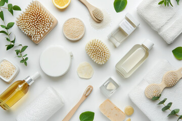 Top view flat lay of bathroom essential clean background. - Powered by Adobe