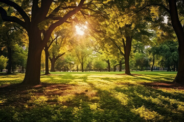 Fototapeta premium A peaceful woodland scene unfolds with green trees sunbeams and a tranquil atmosphere evoking a sense of calm. AI generative.