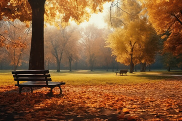 Step into the vivid landscape of autumn with a scenic view of a park where a bright yellow leafy carpet covers the ground and trees are bathed in sunlight. AI generative.