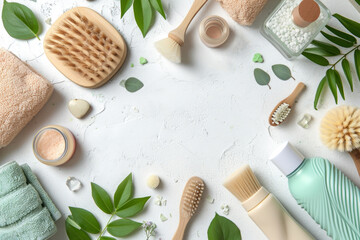 Top view flat lay of bathroom essential clean background. - obrazy, fototapety, plakaty
