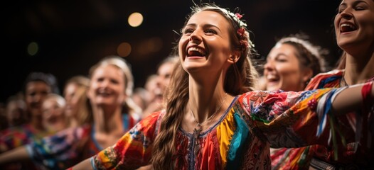 group of dancers in brightly colored traditional Slavic costumes perform a folk dance. The photo...