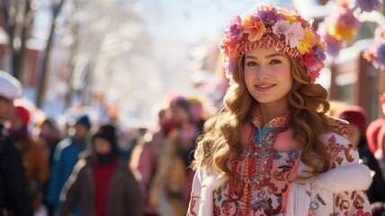 young woman in a traditional Russian costume during the Pancake Day celebration. She is wearing a wreath of fresh flowers on her head and a folk dress with intricate embroidery