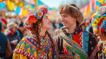 Young man and woman dressed in bright traditional Slavic outfits celebrating Maslenitsa.
