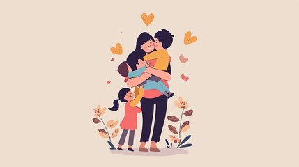 Minimal style of cute cartoon mother hugging her child