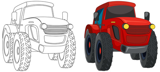 Outlined and colored monster truck drawings side by side. © blueringmedia