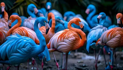 Foto auf Acrylglas blue and pink flamingos at zoo © Steven