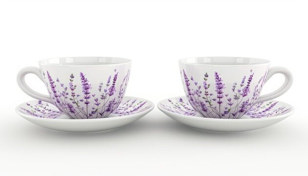 Lavender Fields of Delight: 3D Teacups and Saucers Awash in Delicate Floral Charm, Isolated on a Pure White Canvas
