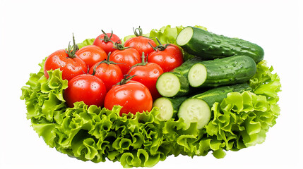 Ripe tomatoes and cucumbers in lettuce leaves isolated