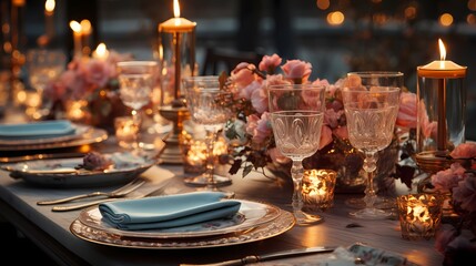 Fototapeta na wymiar A beautifully set dining table with elegant tableware, personalized place cards, and decorative centerpieces. The table is bathed in soft candlelight, creating a warm and inviting atmosphere