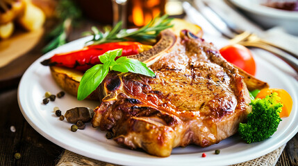 Roasted pork steak and vegetables on plate