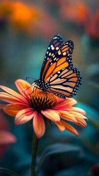 Butterfly resting on a vibrant flower, background image, generative AI