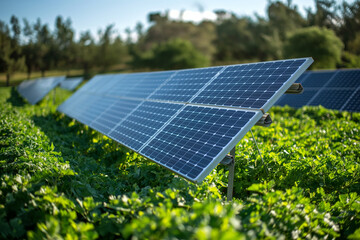 Solar panel green field and green tree background.