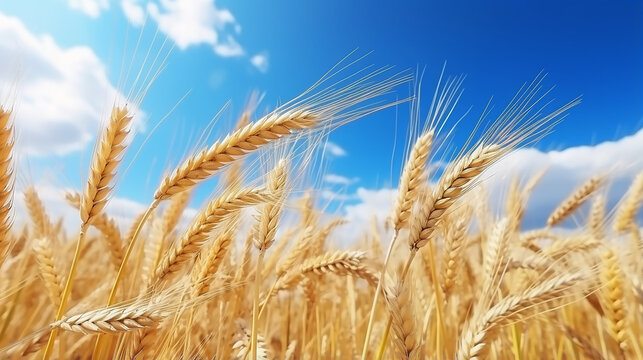 field of ripening wheat against the blue sky Spikelets of wheat with grain with clear blue sky