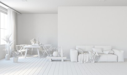 White scandinavian interior design with sofa. 3D illustration