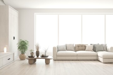 Interior design of modern apartment. Interior mockup. Scandinavian interior design. 3D illustration