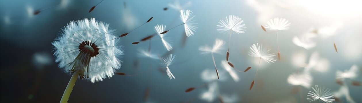 Freeze the moment when dandelion seeds are released into the air, background image, generative AI