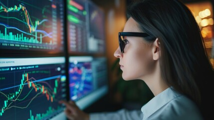 A smiling young businesswoman with glasses is sitting behind a desk looking at a monitor with a stock market graph monitoring market prices. widgets displaying the weather and the news daily schedule.