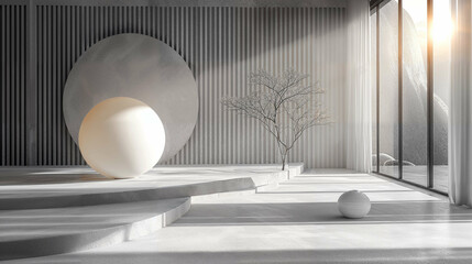 Minimalist Interior with Spherical Ornaments and Sunlit Tree