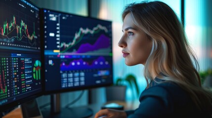 A smiling young businesswoman with glasses is sitting behind a desk looking at a monitor with a stock market graph monitoring market prices. widgets displaying the weather and the news daily schedule. - obrazy, fototapety, plakaty