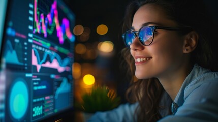 A smiling young businesswoman with glasses is sitting behind a desk looking at a monitor with a stock market graph monitoring market prices. widgets displaying the weather and the news daily schedule.