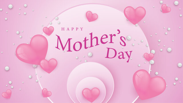 Pink and white happy mothers day background with flowers and hearts. Vector illustration. Happy mothers day event poster for greeting design template and mother's day celebration