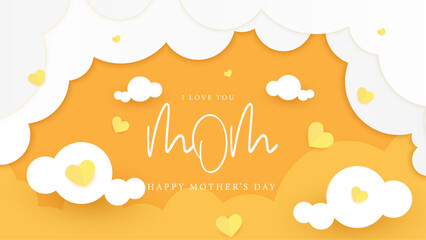 Yellow orange and white happy mother's day background decorated with love and heart. Happy mothers day event poster for greeting design template and mother's day celebration