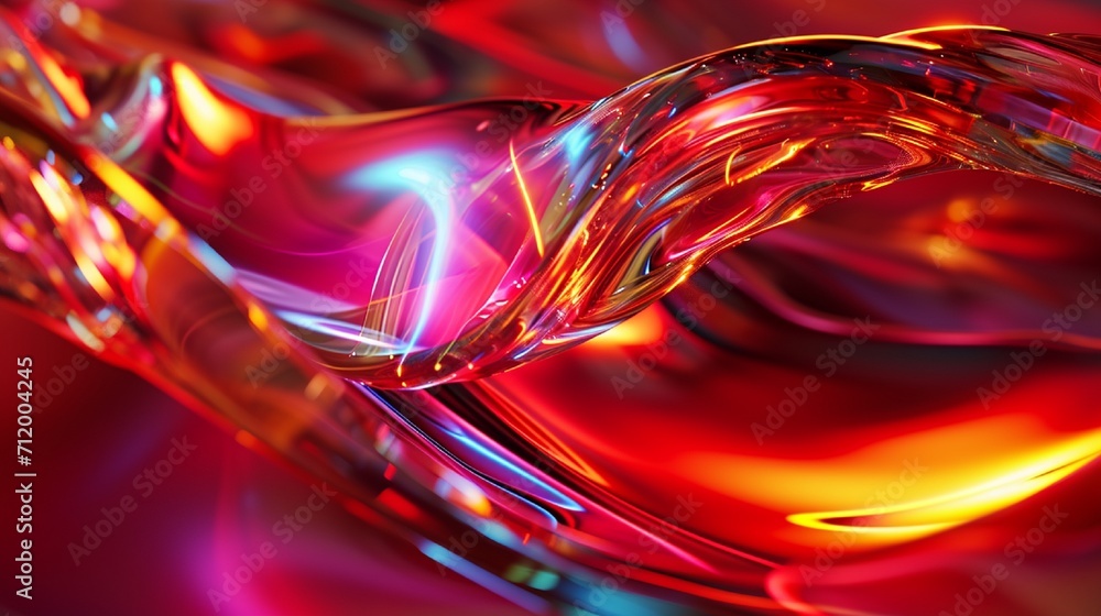 Poster abstract fluid 3d render holographic iridescent neon curved wave in motion red background. gradient 