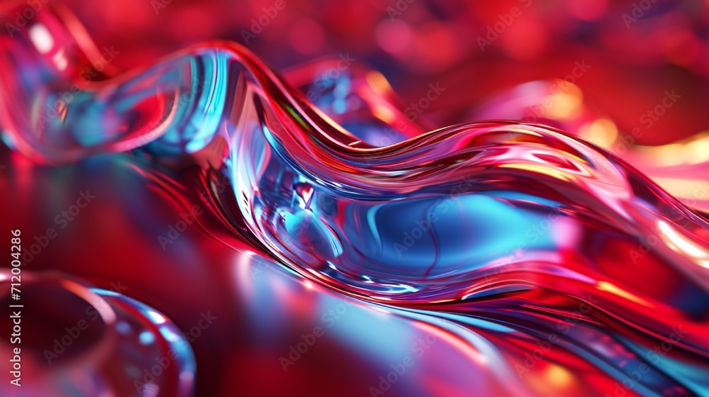 Aufkleber abstract fluid 3d render holographic iridescent neon curved wave in motion red background. gradient 