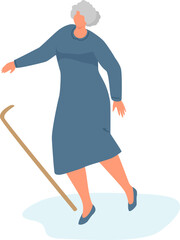 Elderly woman with a cane slipping on wet floor. Senior lady in a blue dress falling with fear, accident concept. Safety for seniors and preventing falls vector illustration.