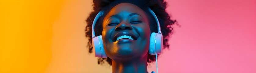 Portrait of a black middle-aged female smiling while wearing wireless headphones against colorful background, generative AI - obrazy, fototapety, plakaty