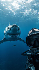 Fototapeta premium scuba diver taking a selfie, with a shark