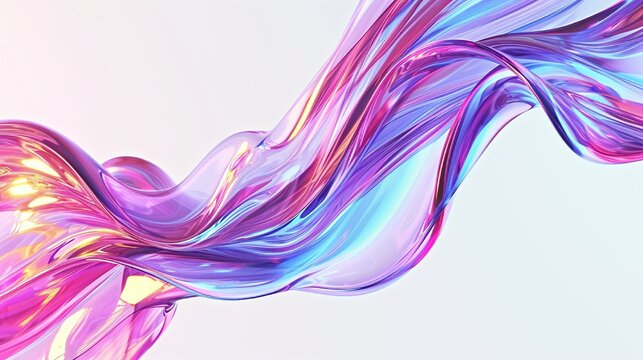 Abstract fluid 3D render holographic iridescent neon curved wave in motion white background. Gradient design element for banners, backgrounds, wallpapers, and covers.