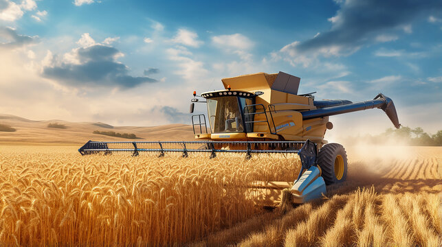 panoramic view at combine harvester working on a wheat field. Agriculture harvesting concept