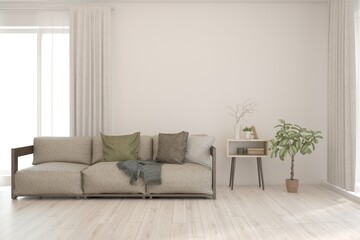 White living room with sofa. Scandinavian interior design. 3D illustration