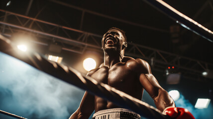 Portrait of a boxer celebrating his victory in the ring. - Powered by Adobe